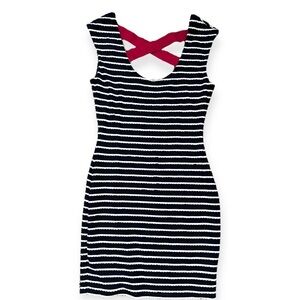 Guess Navy Blue and White Striped Criss-Cross Back Mini Bodycon Dress Size 2